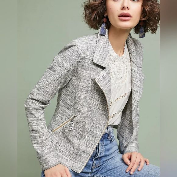 Anthropologie Caitlin Knit Moto Jacket Sz. Small, Pristine Cream/Gray - Picture 1 of 10